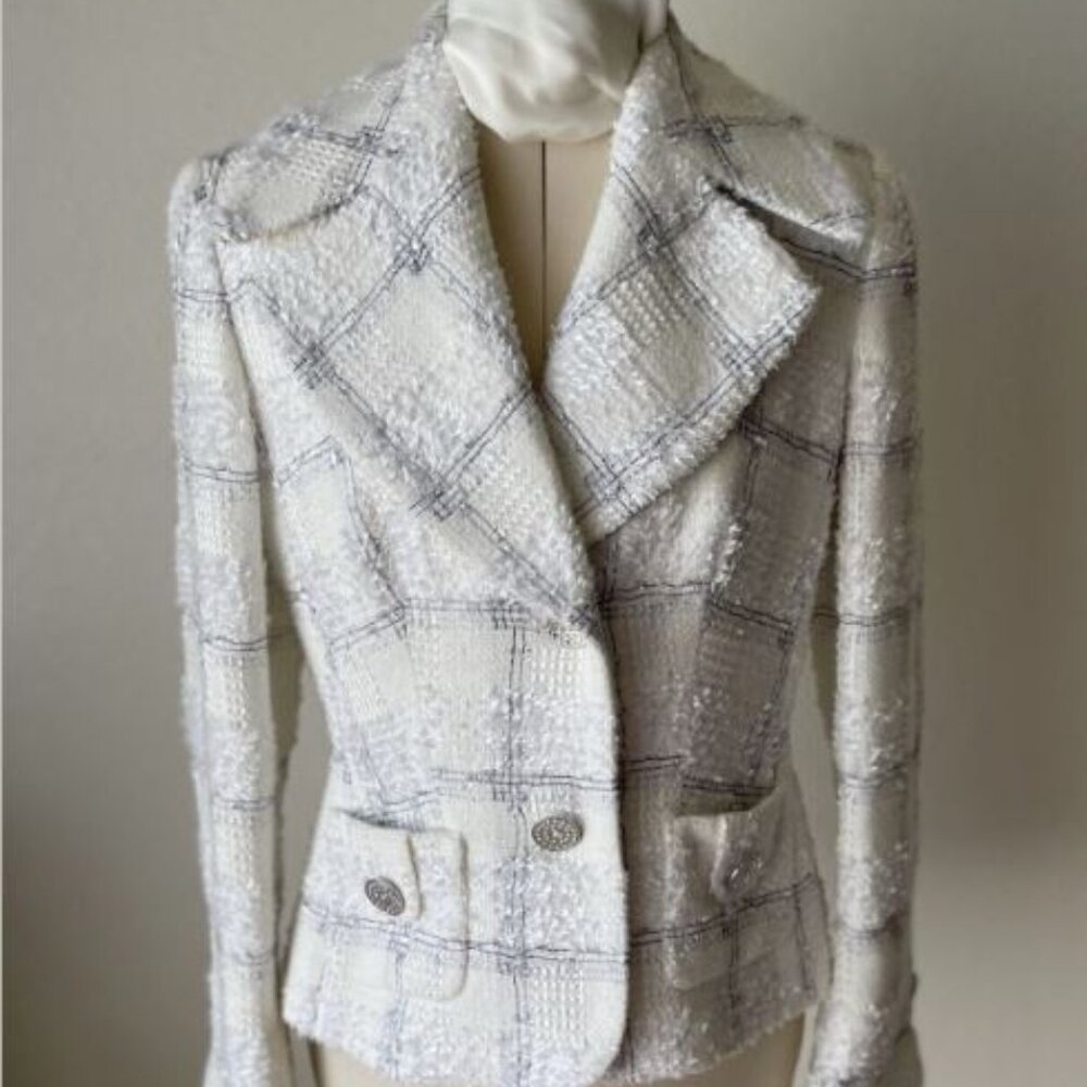 Escada White/Off white Plaid & Boucle Jacket Size M